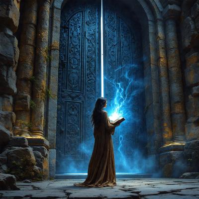The primary subject of the image is a woman dressed in a long, flowing gown, standing in front of a large, ornate door. The setting appears to be a stone building, possibly a castle or a similar historical structure. The visual style of the image is a digital art, with the woman and the door being the main focus of the scene. The colors and mood of the image are dark and dramatic, with the woman holding a book, which adds a sense of mystery and intrigue to the scene.